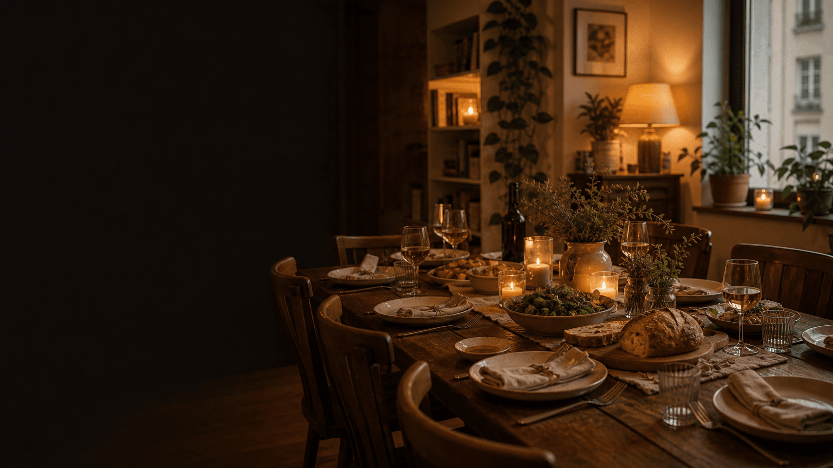 An intimate candlelit dining table
